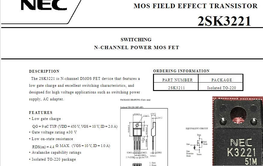 K3221 2SK3221 TO-220F 600V 2A 5pcs/lot