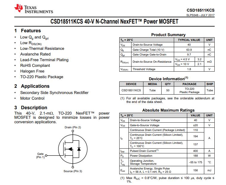 CSD18511KCS TO-220 40V 110A 5pcs/lot