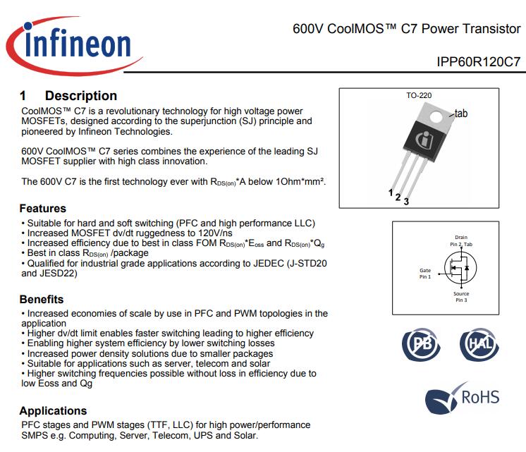 60C7120 IPP60R120C7 TO-220 650V 66A 5pcs/lot
