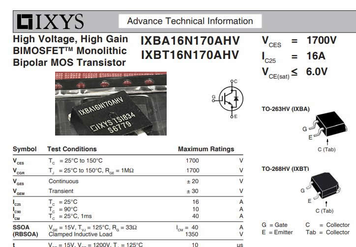 IXBA16N170AHV TO-263 1700V 16A 5pcs/lot