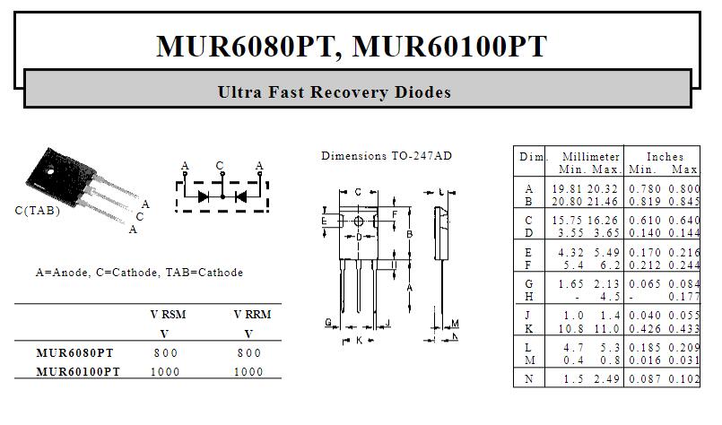 MUR60100PT TO-247 1000V 60A 5pcs/lot