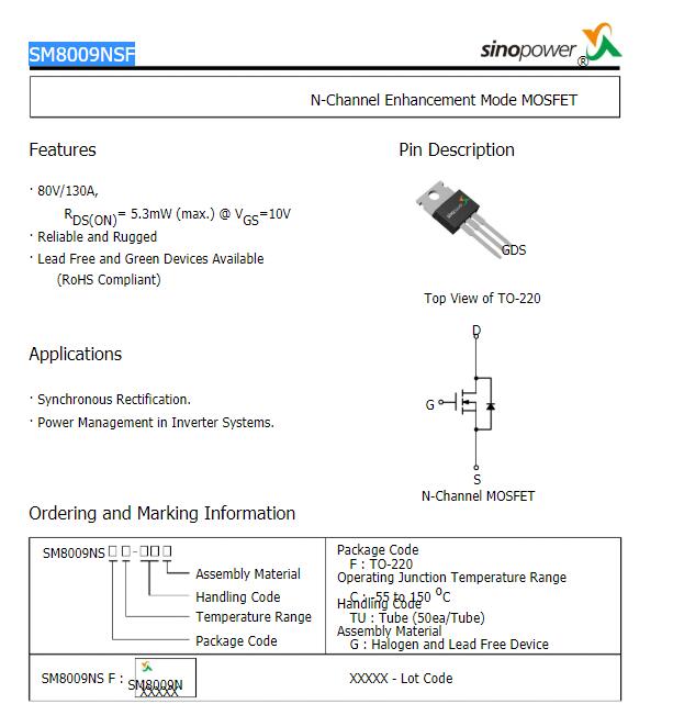 SM8009N TO-220 80V 130A 5pcs/lot