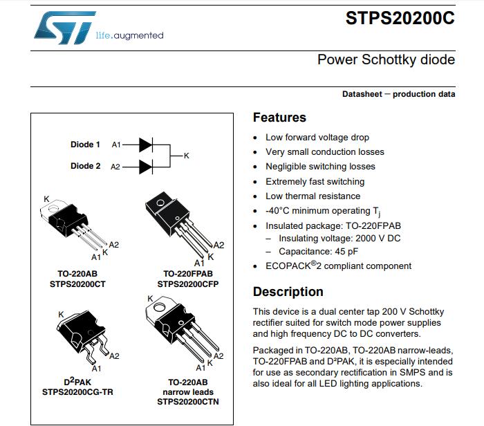 STPS20200C TO-220 200V 30A 5pcs/lot