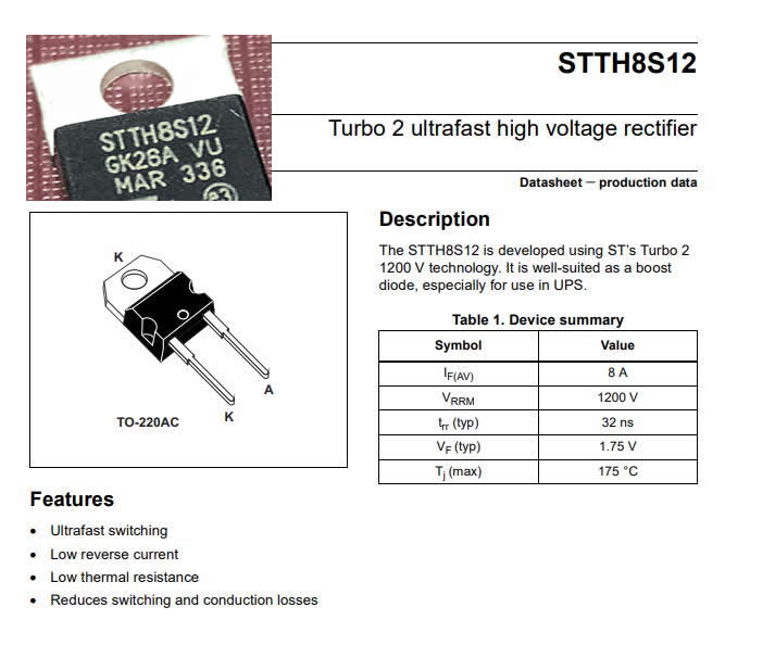 STTH8S12 TO-220 1200V 8A 5pcs/lot