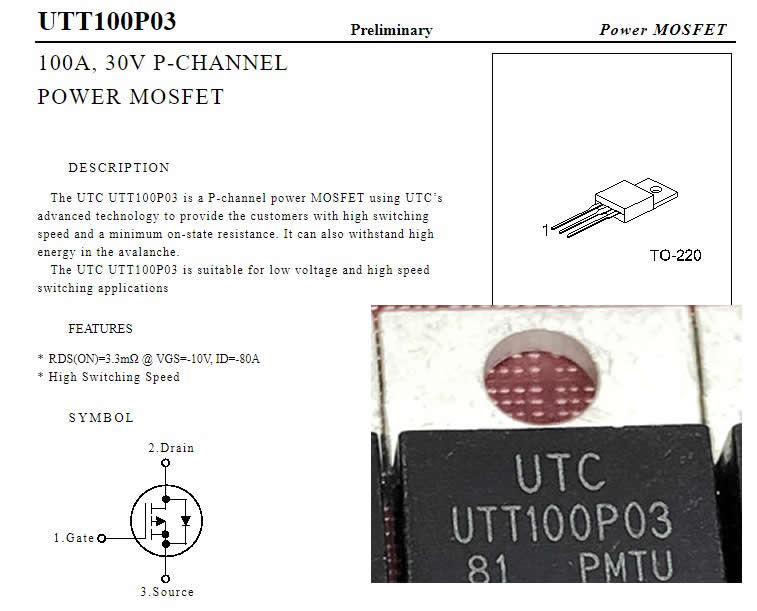 UTT100P03 TO-220 30V 100A 5pcs/lot